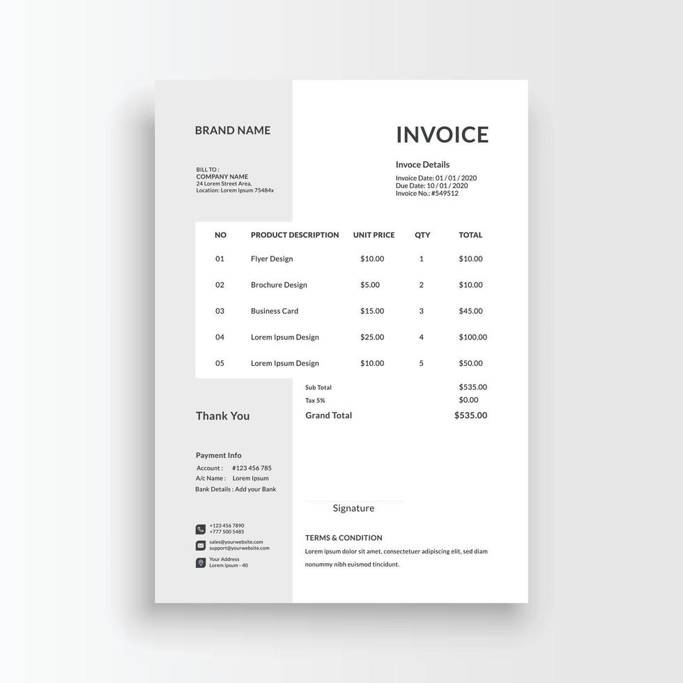 Minimalist and professional black and white blue color invoice, voucher, receipt sales voucher template vector format