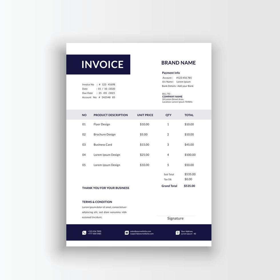 Minimalist and professional black and white blue color invoice, voucher, receipt sales voucher template vector format