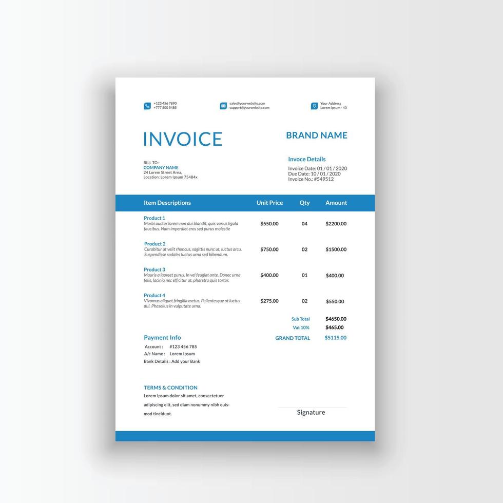 Minimalist and professional black and white blue color invoice, voucher, receipt sales voucher template vector format