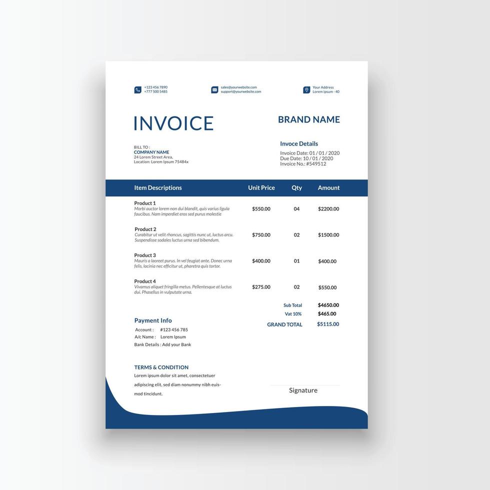 Minimalist and professional black and white blue color invoice, voucher, receipt sales voucher template vector format