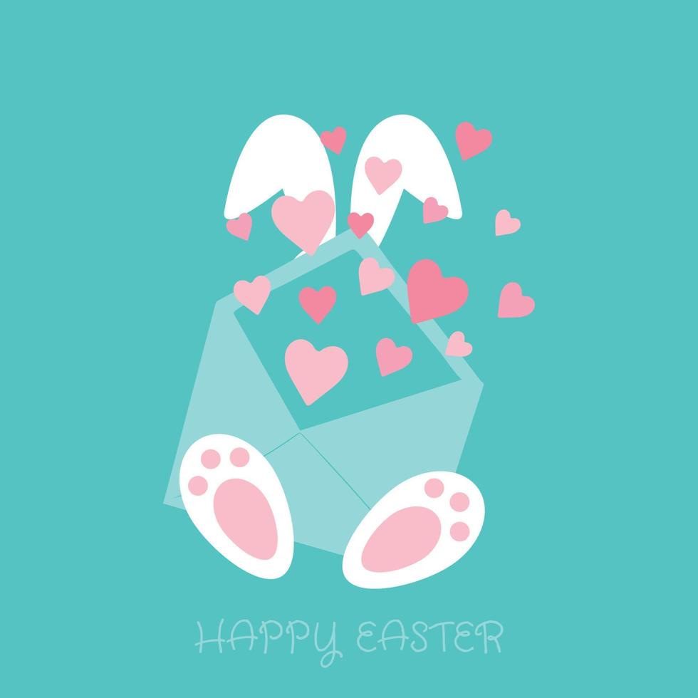 feliz ilustración de pascua con patas de conejo con un sobre abierto y corazones voladores. linda ilustración vectorial de vacaciones. para invitación, postal, impresión, pegatina, pancarta, afiche y otros. vector