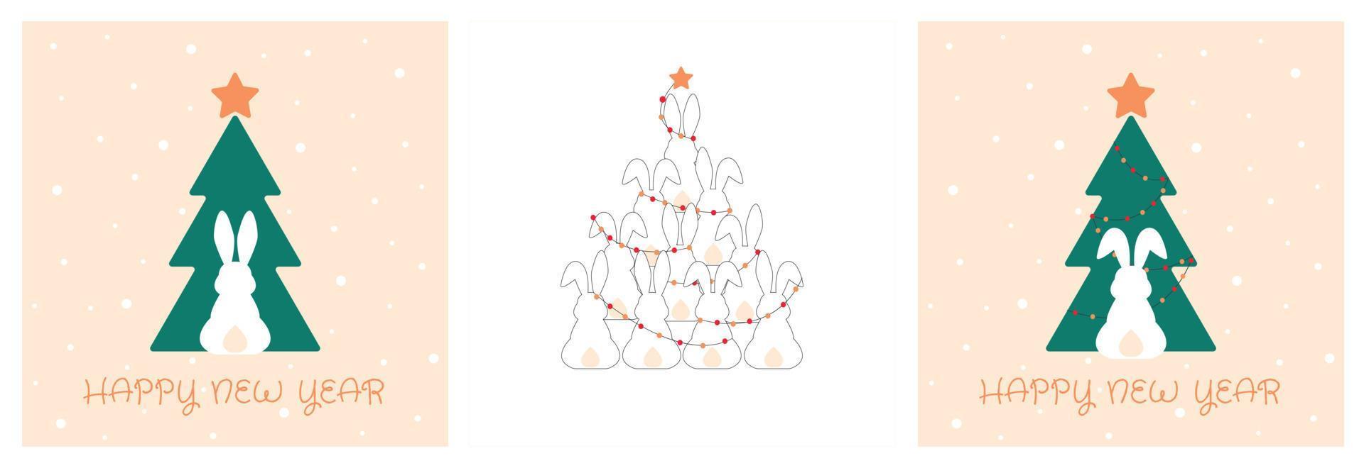 juego de tarjetas de año nuevo con árbol de navidad y conejo. símbolo de 2023. vector