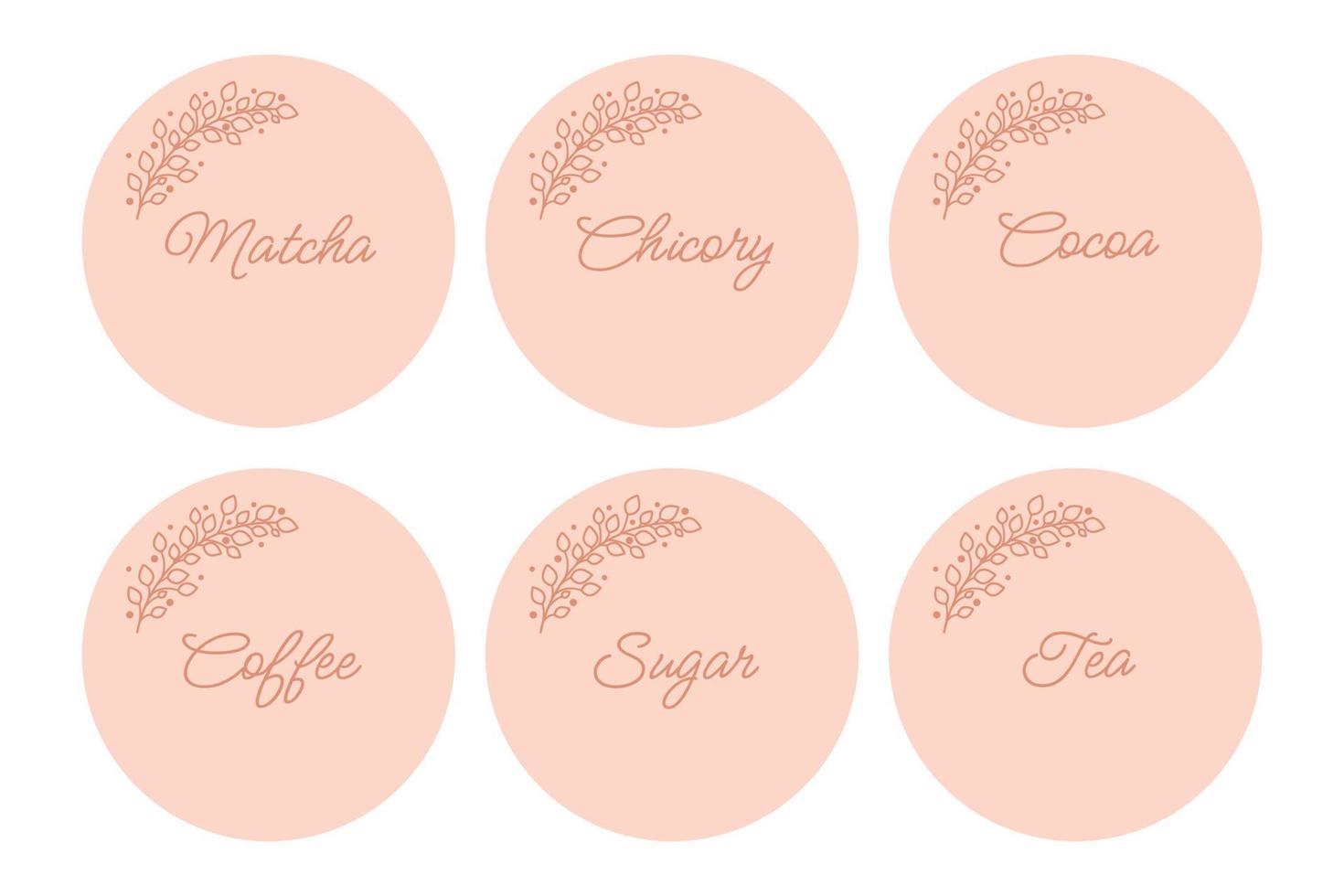 Cardboard food labels or stickers. It can be used for marking kitchen food containers. Labels, stickers, craft decals, floral frame and drinks name in English. vector