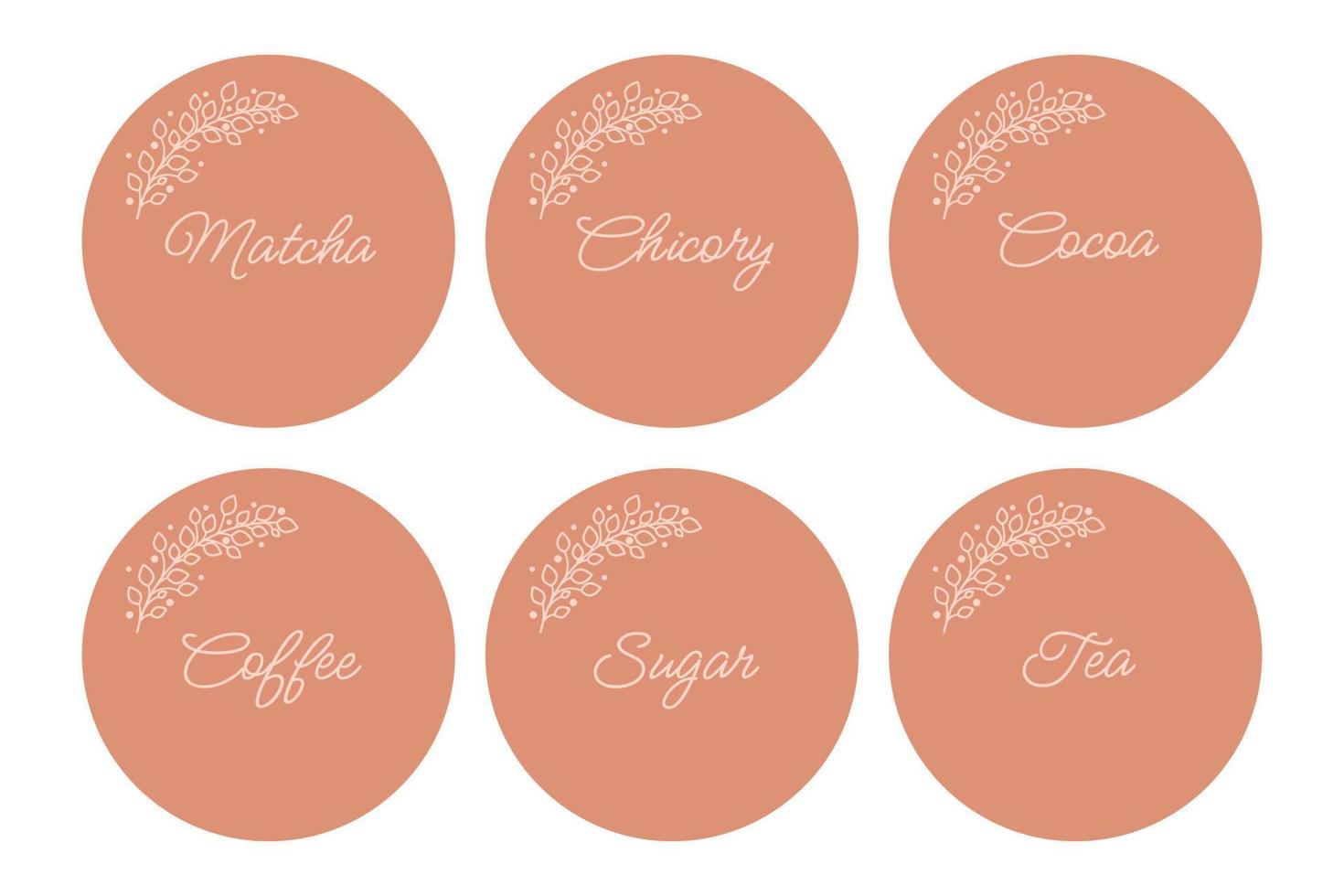 Cardboard food labels or stickers. It can be used for marking kitchen food containers. Labels, stickers, craft decals, floral frame and drinks name in English. vector