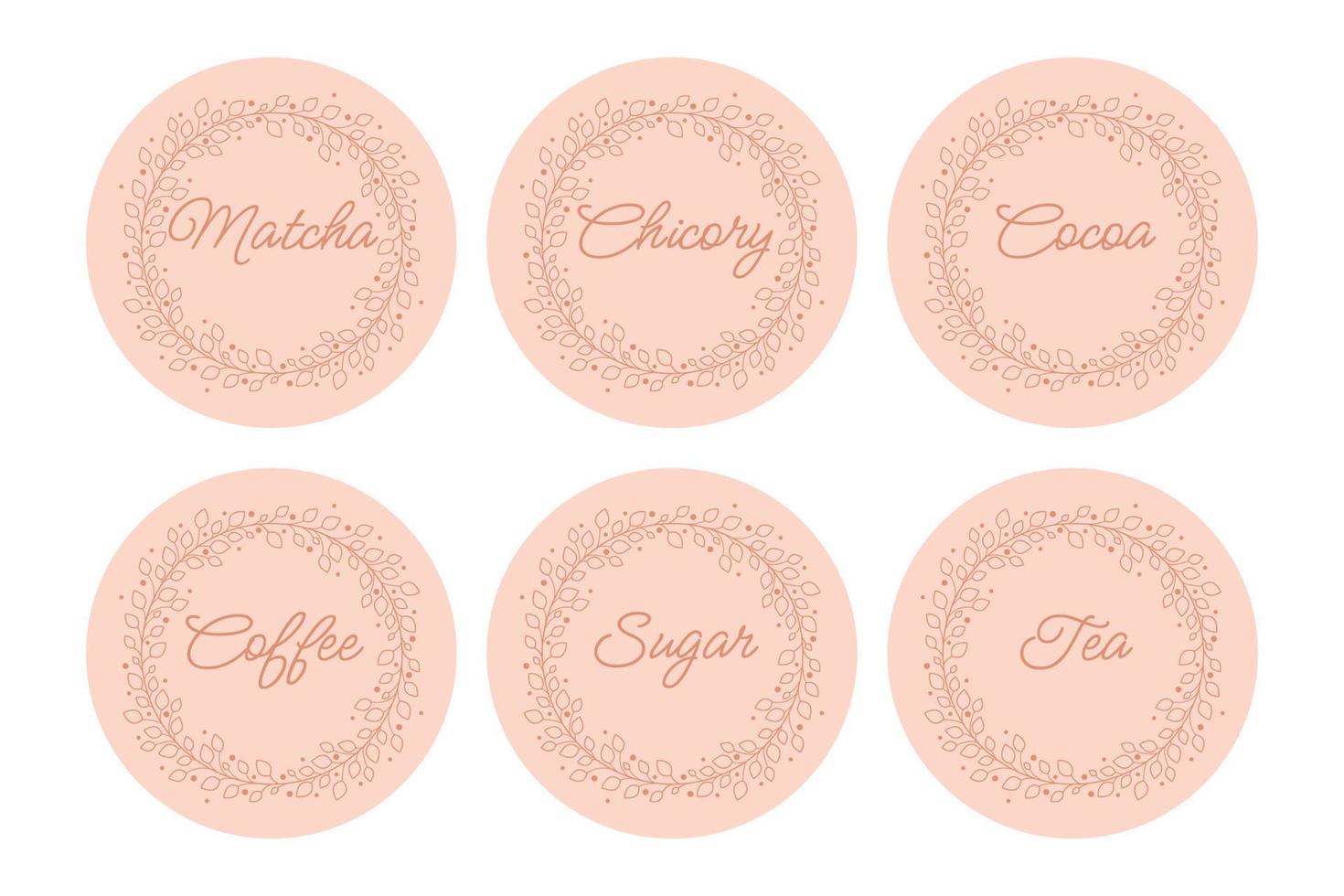 Cardboard food labels or stickers. It can be used for marking kitchen food containers. Labels, stickers, craft decals, floral frame and drinks name in English. vector