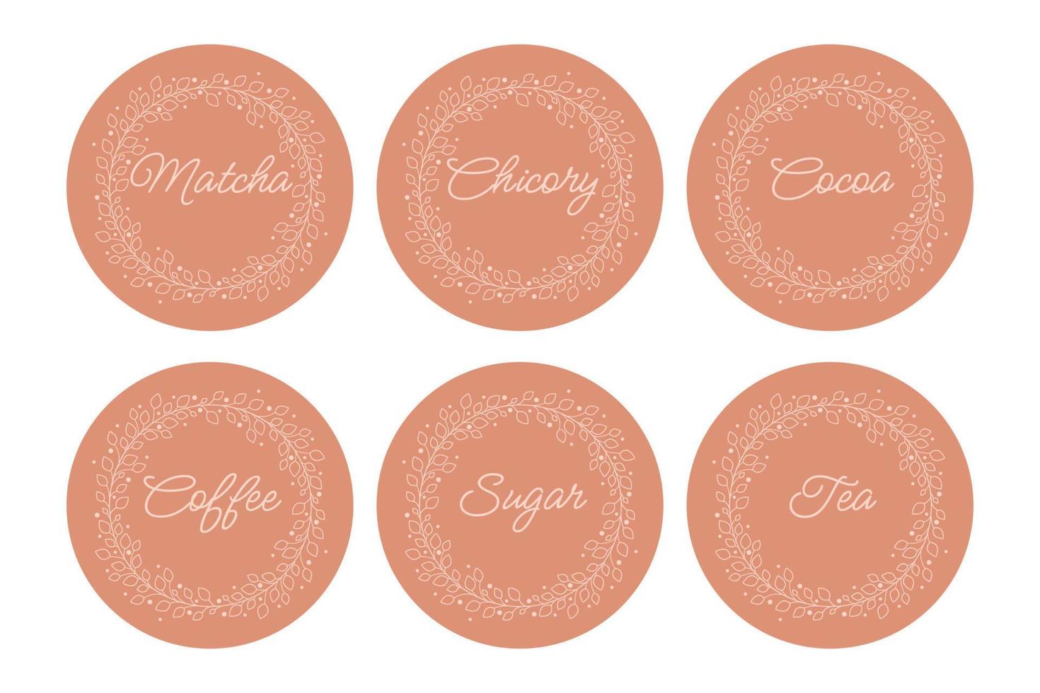 Cardboard food labels or stickers. It can be used for marking kitchen food containers. Labels, stickers, craft decals, floral frame and drinks name in English. vector