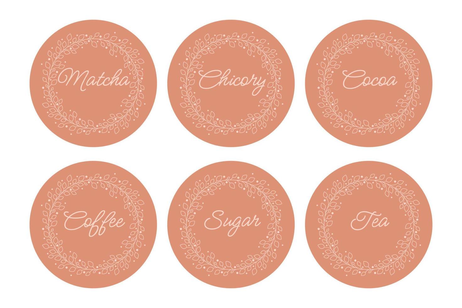 Cardboard food labels or stickers. It can be used for marking kitchen food containers. Labels, stickers, craft decals, floral frame and drinks name in English. vector