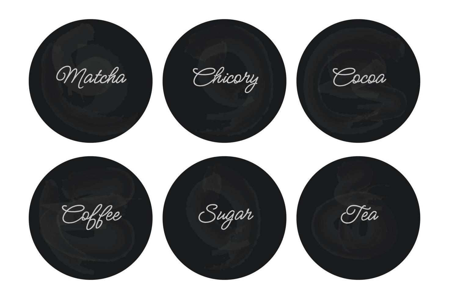 Cardboard food labels and stickers written in chalk on a slate board. It can be used for marking kitchen food containers. Labels, stickers, craft decals, floral frame and drinks name in English. vector