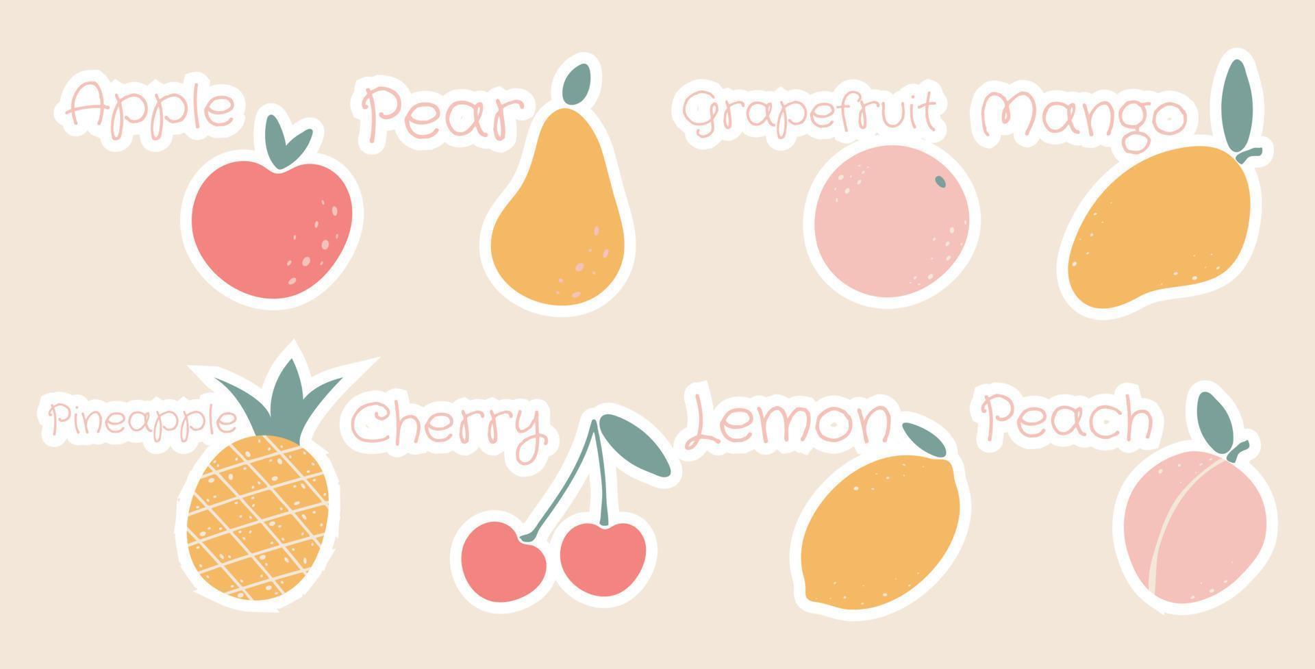 Abstract fruit shapes art print elements. Minimalist apple, pear, grapefruit, lemon, pineapple, cherry, mango, peach vector illustration.