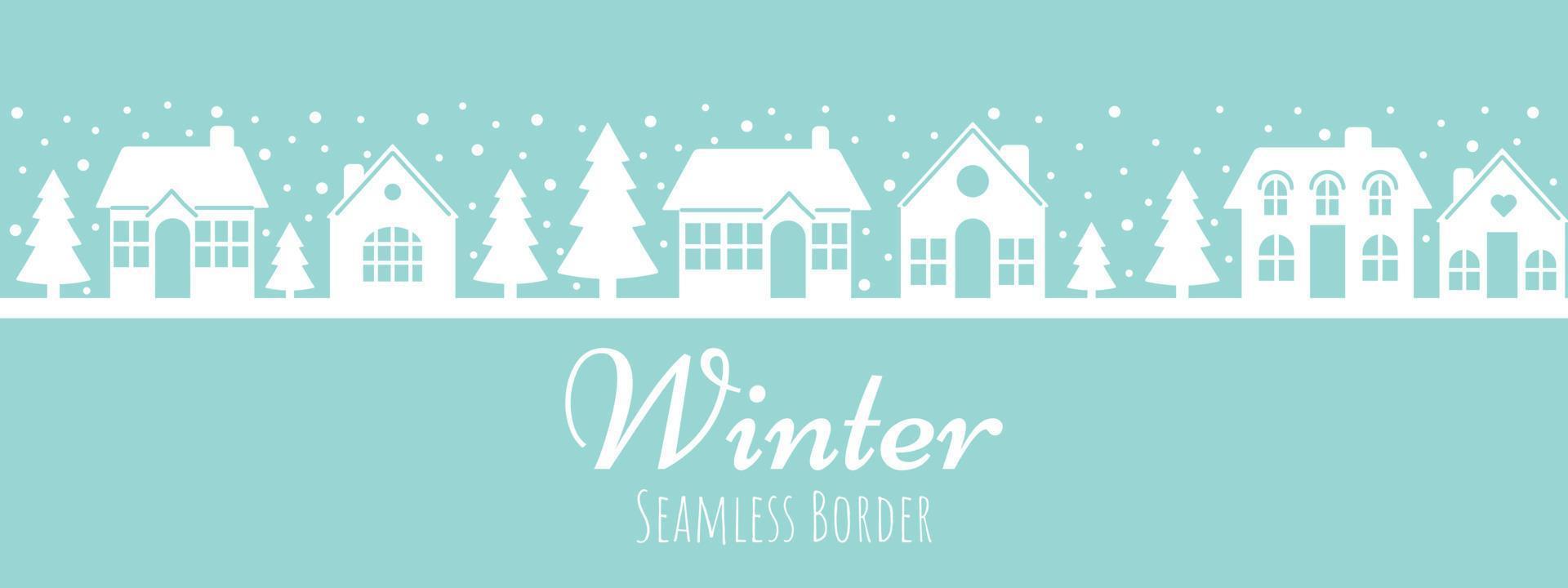 Winter seamless border. City, houses, Christmas trees, snow. New Year symbols.Trendy retro style. Vector design template. Christmas and Happy New Year