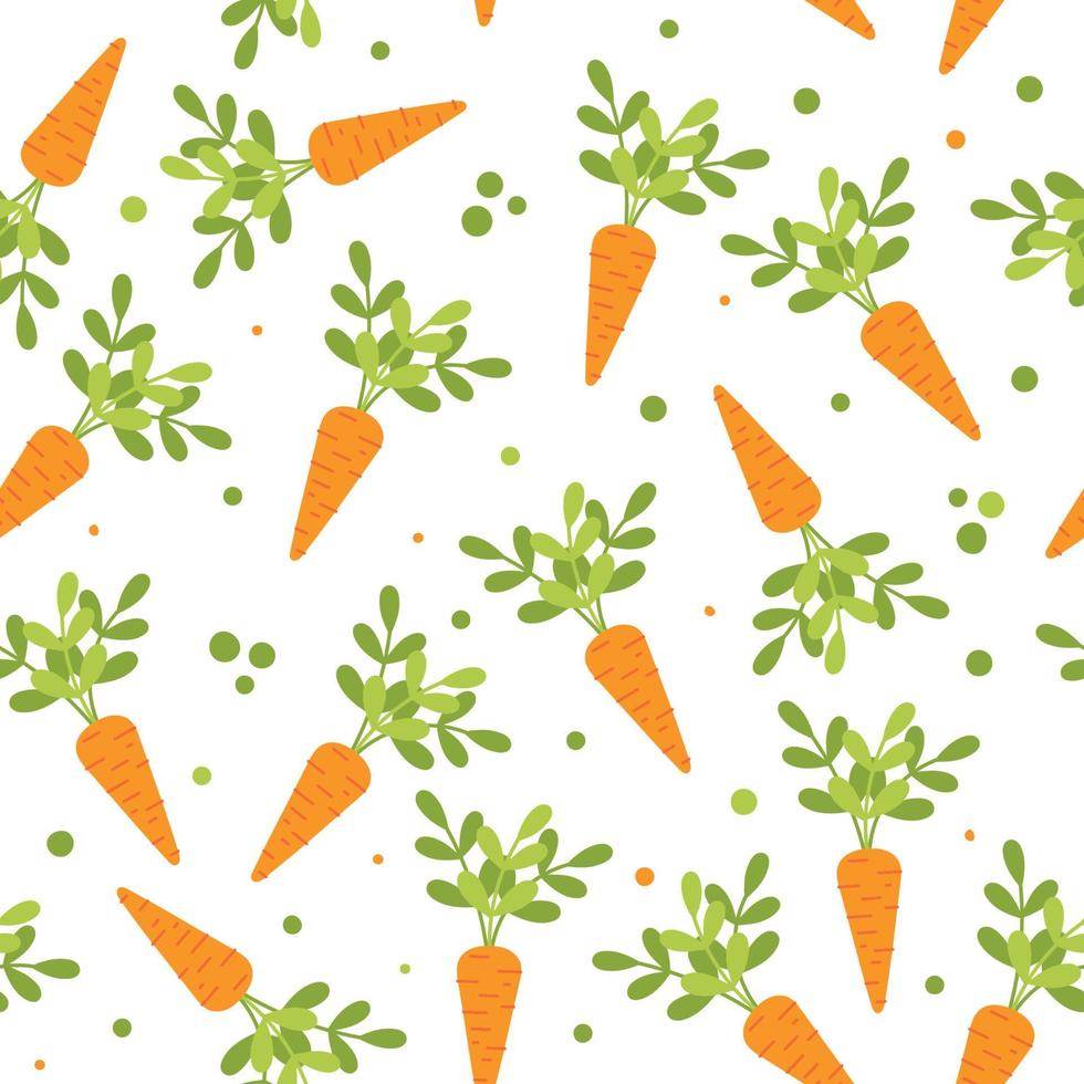 Carrot flat design seamless pattern. Design with leaves and vegetable. Vector illustration of art. Vintage background. Kitchen and restaurant design for fabrics, paper. Suitable for packaging, prints,