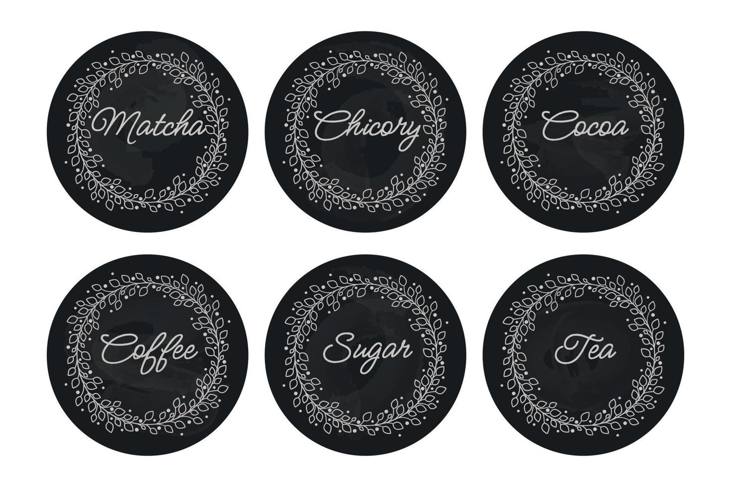 Cardboard food labels and stickers written in chalk on a slate board. It can be used for marking kitchen food containers. Labels, stickers, craft decals, floral frame and drinks name in English. vector