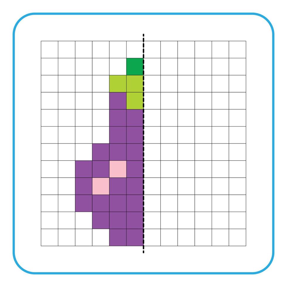 Juego educativo de reflexión de imágenes para niños. Aprenda a completar hojas de trabajo de simetría para actividades preescolares. tareas para colorear páginas de cuadrícula, mosaicos de imágenes o pixel art. terminar la berenjena morada. vector