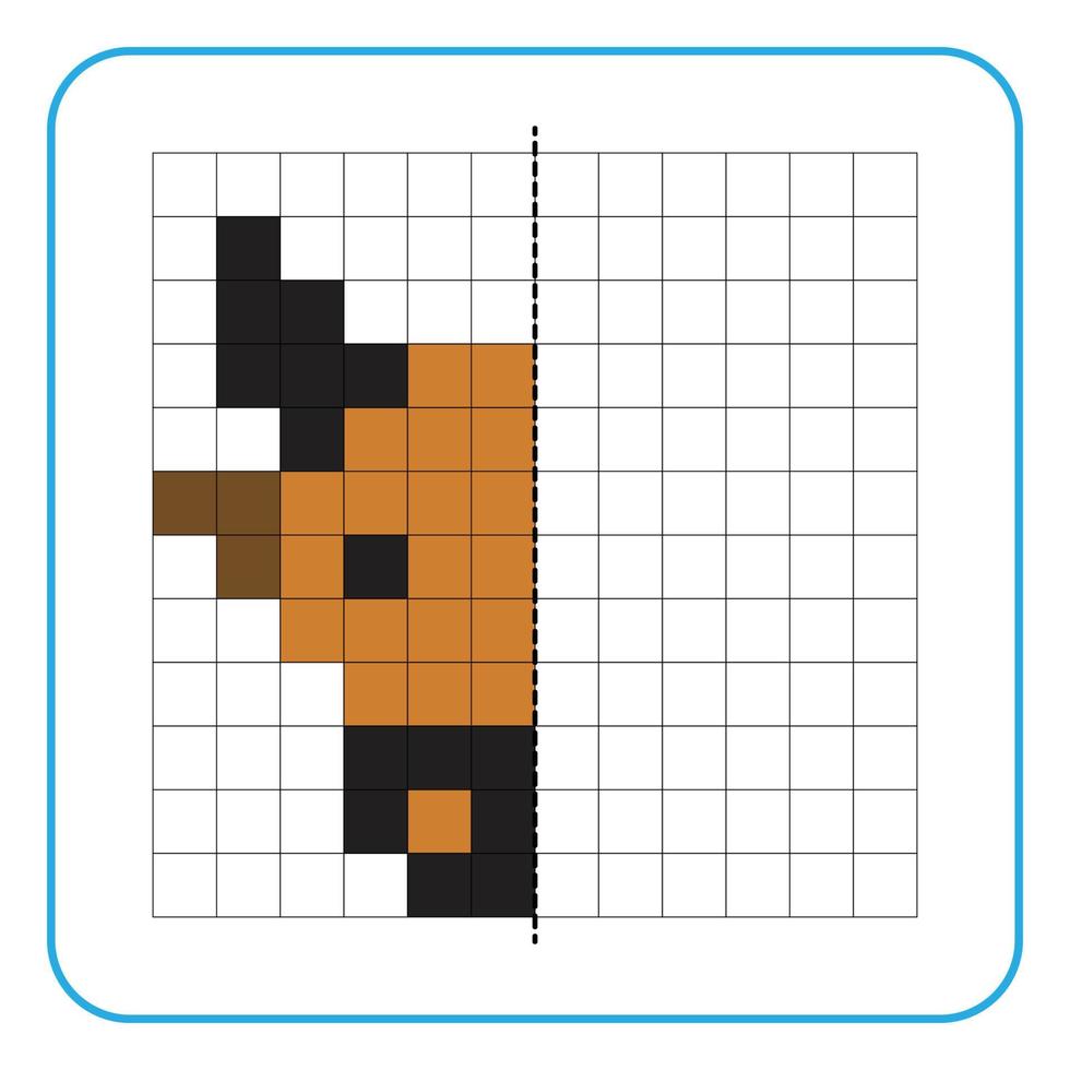 Picture reflection educational game for kids. Learn to complete symmetry worksheets for preschool activities. Tasks for coloring grid pages, picture mosaics, or pixel art. Finish the cow head. vector