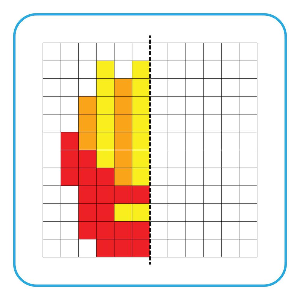 Picture reflection educational game for kids. Learn to complete symmetrical worksheets for preschool activities. Tasks for coloring grid pages, picture mosaics, or pixel art. Finish the french fries. vector