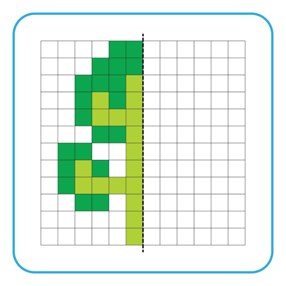 Picture reflection educational game for kids. Learn to complete symmetry worksheets for preschool activities. Tasks for coloring grid pages, picture mosaics, or pixel art. Finish the green tree. vector