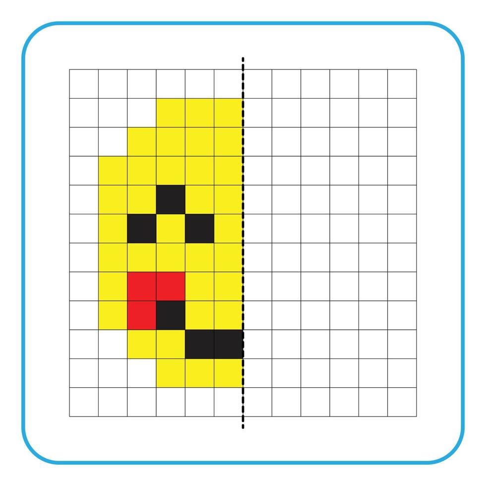 Picture reflection educational game for kids. Learn to complete symmetrical worksheets for preschool activities. Tasks for coloring grid pages, picture mosaics, or pixel art. Finish the shy smile. vector