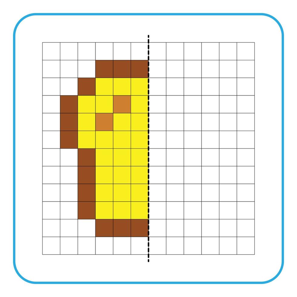 Picture reflection educational game for children. Learn to complete symmetrical worksheets for preschool activities. Coloring grid pages, visual perception and pixel art. Finish the wheat bread. vector