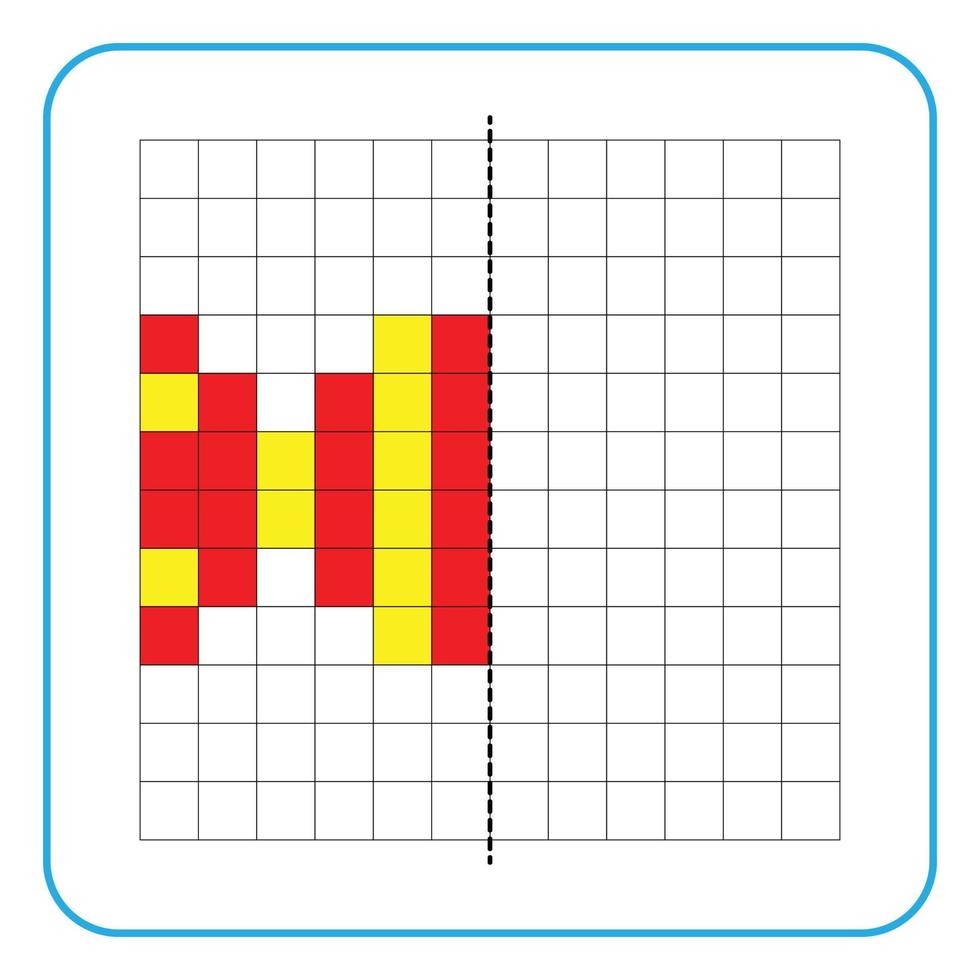 Picture reflection educational game for children. Learn to complete symmetrical worksheets for preschool activities. Coloring grid pages, visual perception and pixel art. Finish the candy image. vector