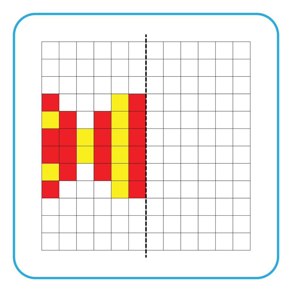 Picture reflection educational game for children. Learn to complete symmetrical worksheets for preschool activities. Coloring grid pages, visual perception and pixel art. Finish the candy image. vector