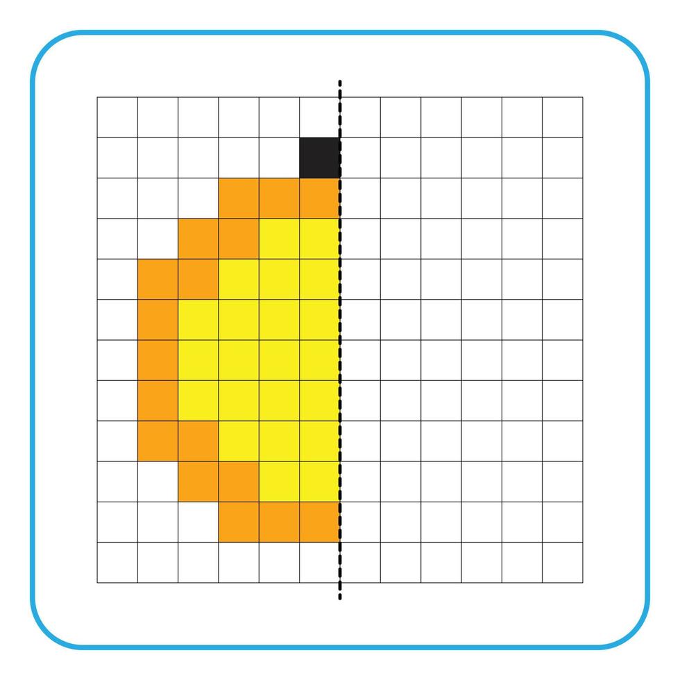 Picture reflection educational game for kids. Learn to complete symmetrical worksheets for preschool activities. Tasks for coloring grid pages, picture mosaics, or pixel art. Finish the orange fruit. vector