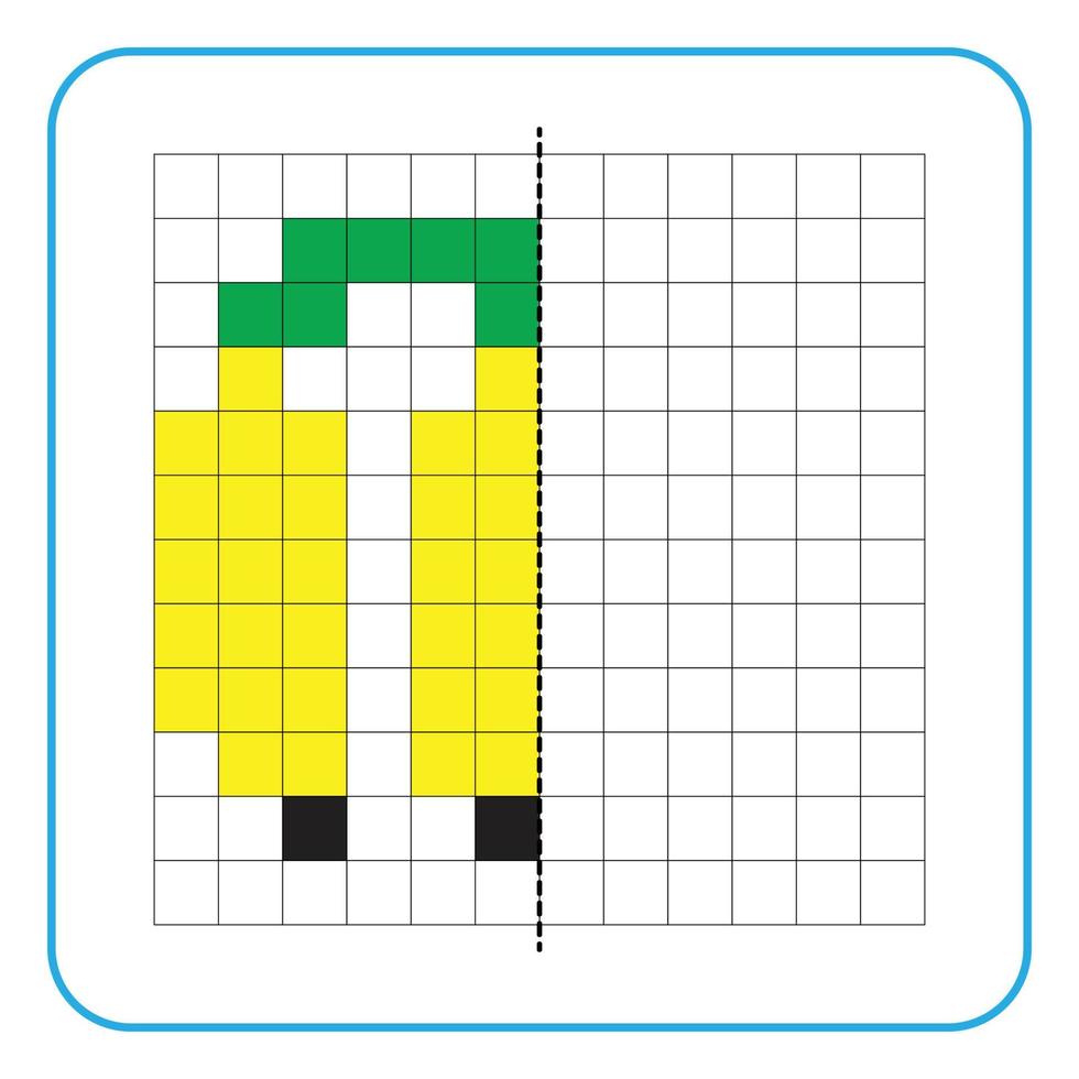 Picture reflection educational game for kids. Learn to complete symmetrical worksheets for preschool activities. Tasks for coloring grid pages, picture mosaics, or pixel art. Finish the banana fruit. vector