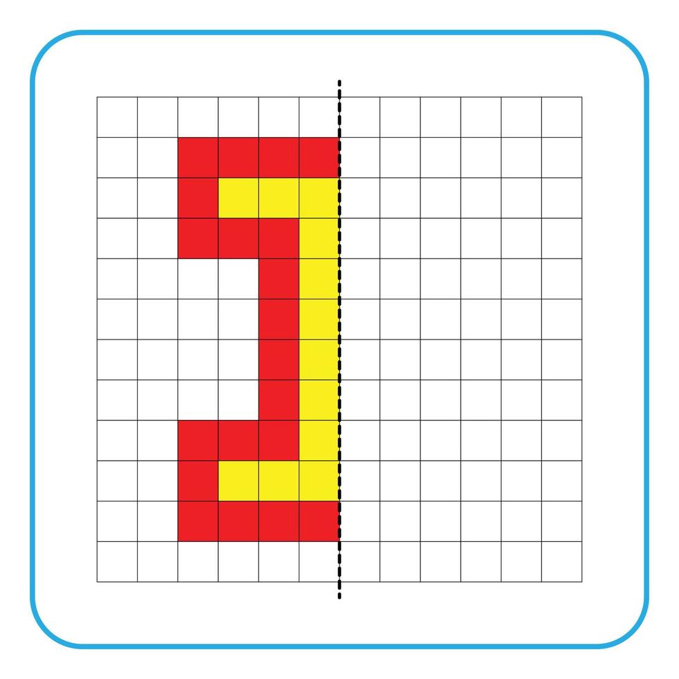 Picture reflection educational game for children. Learn to complete symmetrical worksheets for preschool activities. Coloring grid pages, visual perception and pixel art. Finish the letter I. vector