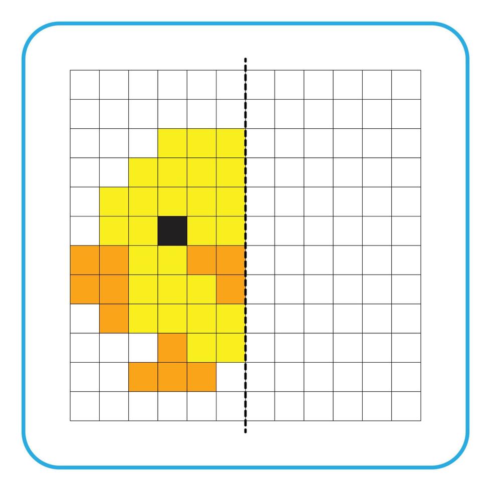 Picture reflection educational game for kids. Learn to complete symmetrical worksheets for preschool activities. Tasks for coloring grid pages, picture mosaics, or pixel art. Finish the little chicken vector