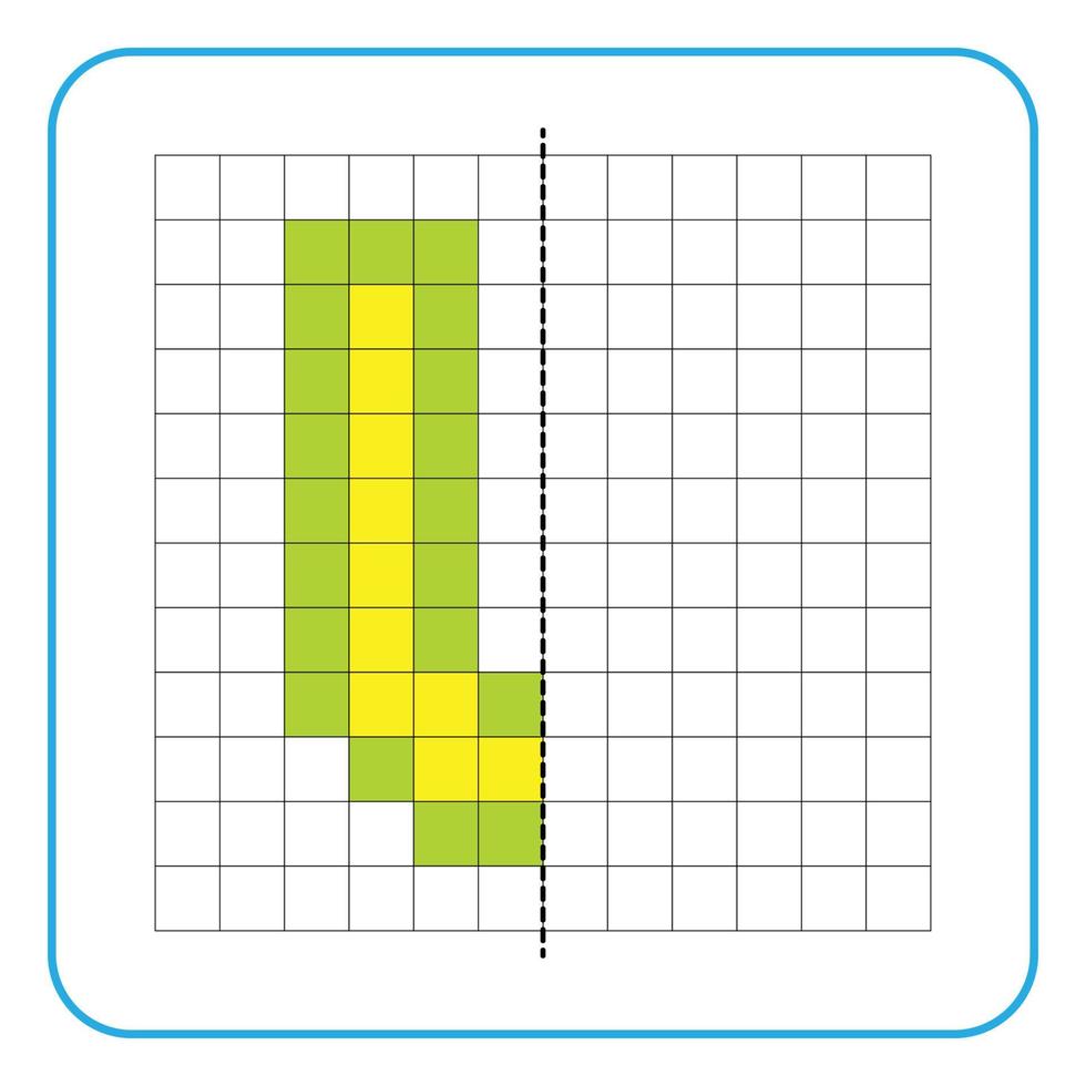 imagen reflexión juego educativo para niños. Aprenda a completar hojas de trabajo simétricas para actividades preescolares. colorear páginas de cuadrícula, percepción visual y pixel art. terminar la letra u. vector