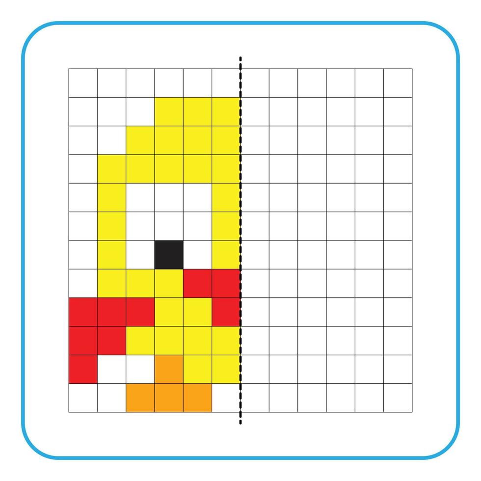 Picture reflection educational game for children. Learn to complete symmetrical worksheets for preschool activities. Coloring grid pages, visual perception and pixel art. Finish the little chicken. vector