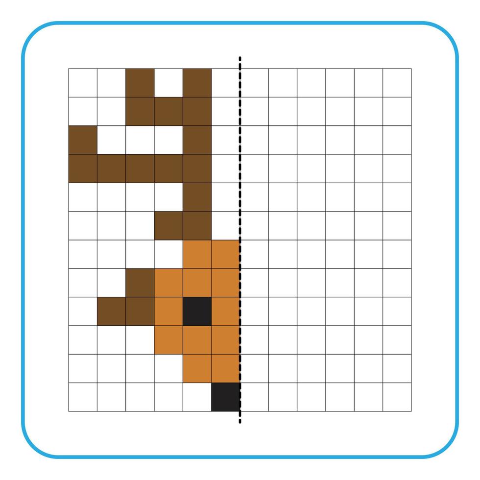Picture reflection educational game for kids. Learn to complete symmetrical worksheets for preschool activities. Tasks for coloring grid pages, picture mosaics, or pixel art. Finish the reindeer. vector