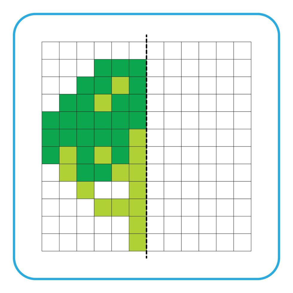 Picture reflection educational game for kids. Learn to complete symmetrical worksheets for preschool activities. Tasks for coloring grid pages, picture mosaics, or pixel art. Finish the broccoli. vector