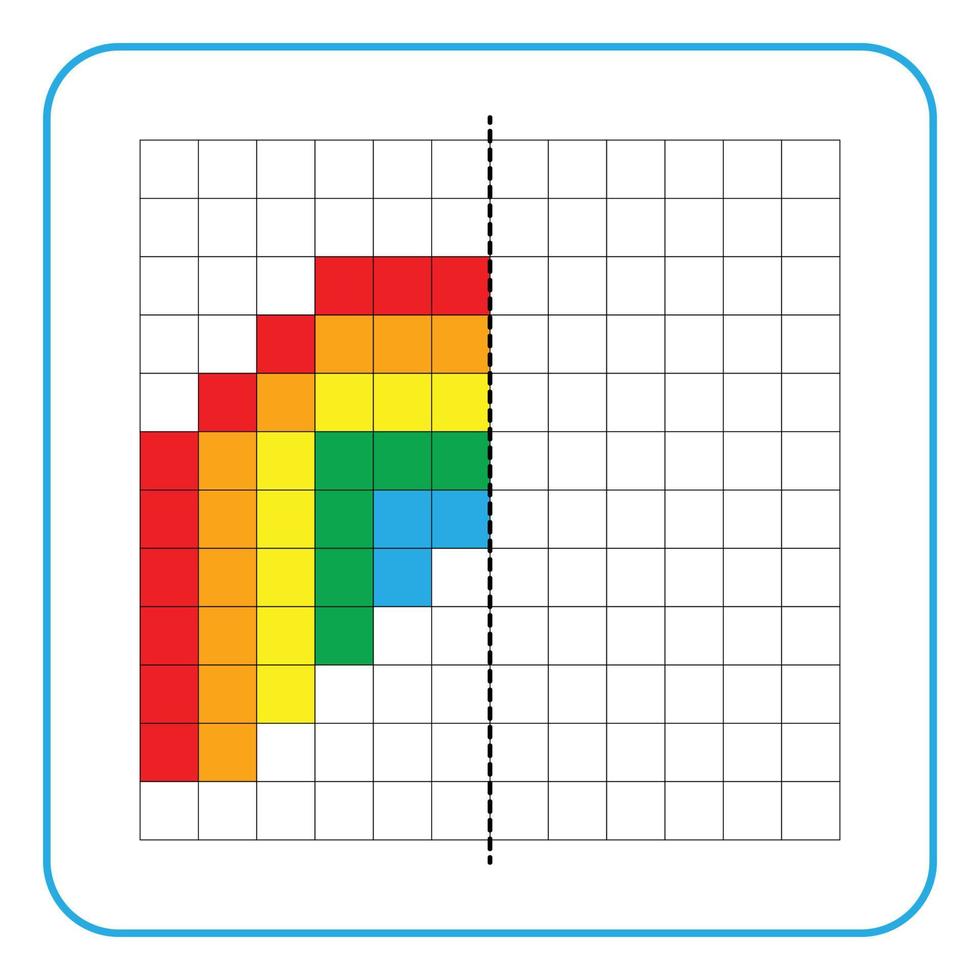 Picture reflection educational game for kids. Learn to complete symmetrical worksheets for preschool activities. Tasks for coloring grid pages, picture mosaics, or pixel art. Finish the rainbow. vector