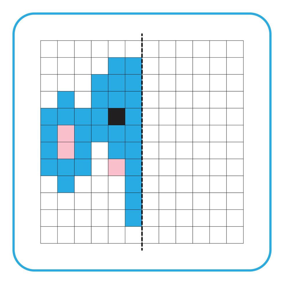 Picture reflection educational game for kids. Learn to complete symmetry worksheets for preschool activities. Tasks for coloring grid pages, picture mosaics, or pixel art. Finish the elephant face. vector