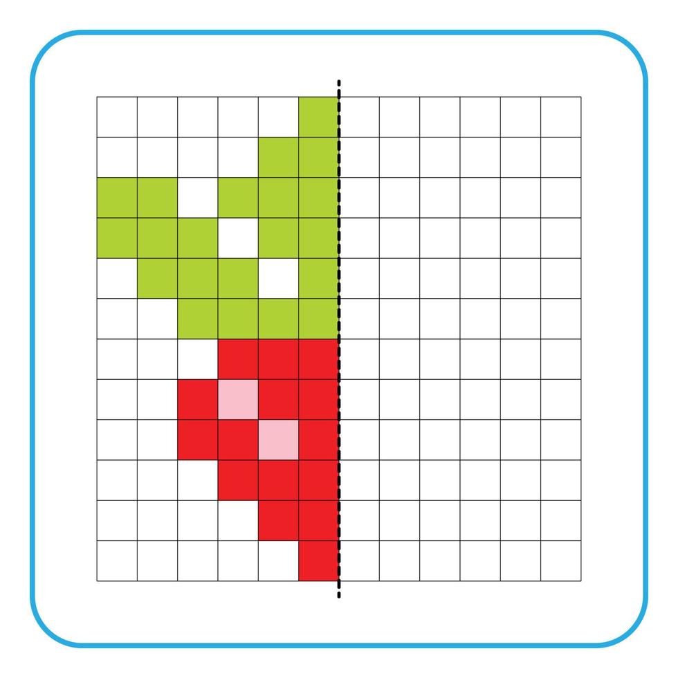 Picture reflection educational game for kids. Learn to complete symmetry worksheets for preschool activities. Tasks for coloring grid pages, picture mosaics, or pixel art. Finish the red radish. vector