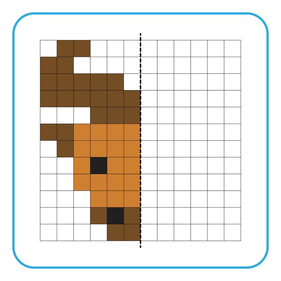 Picture reflection educational game for kids. Learn to complete symmetrical worksheets for preschool activities. Tasks for coloring grid pages, picture mosaics, or pixel art. Finish the bull face. vector