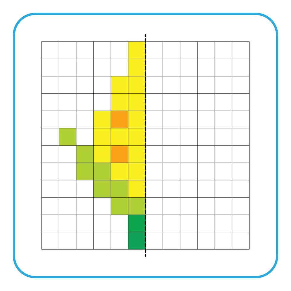 imagen reflexión juego educativo para niños. Aprenda a completar hojas de trabajo simétricas para actividades preescolares. colorear páginas de cuadrícula, percepción visual y pixel art. terminar la imagen de maíz. vector