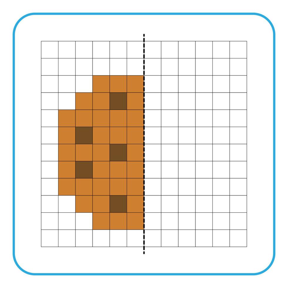 Picture reflection educational game for kids. Learn to complete symmetrical worksheets for preschool activities. Tasks for coloring grid pages, picture mosaics, or pixel art. Finish the cookie. vector