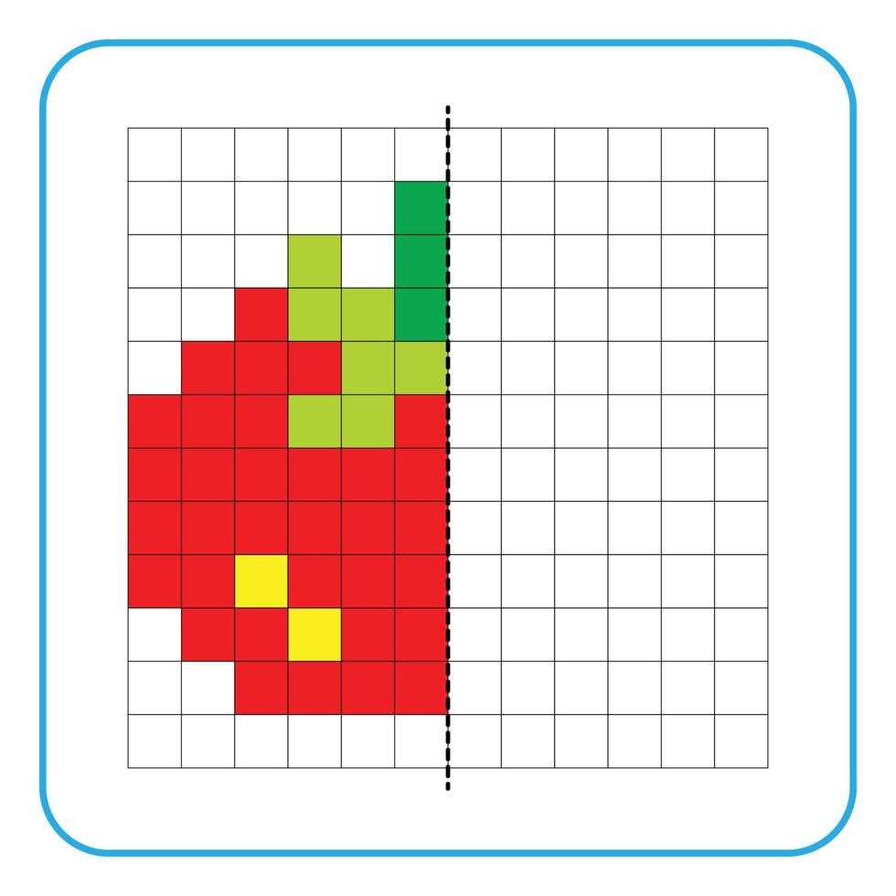 Picture reflection educational game for kids. Learn to complete symmetrical worksheets for preschool activities. Tasks for coloring grid pages, picture mosaics, or pixel art. Finish the tomato. vector