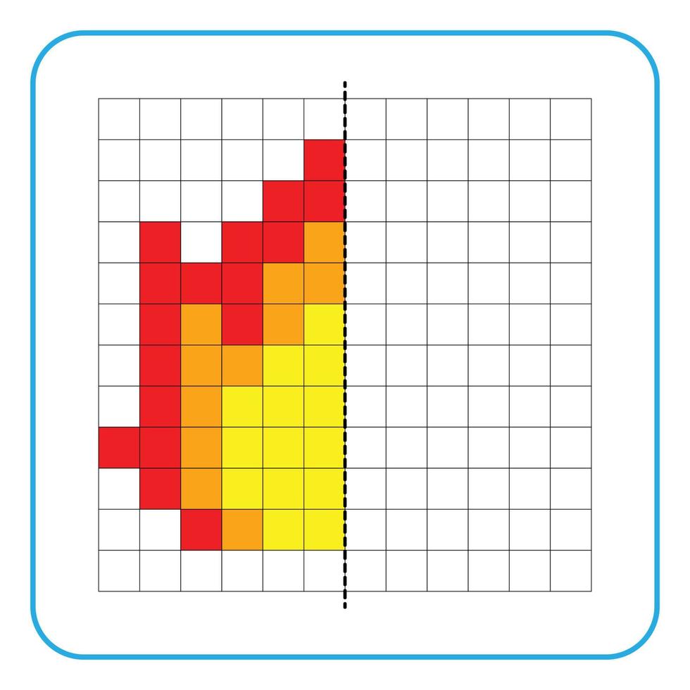 Juego educativo de reflexión de imágenes para niños. Aprenda a completar hojas de trabajo simétricas para actividades preescolares. tareas para colorear páginas de cuadrícula, mosaicos de imágenes o pixel art. terminar el incendio. vector