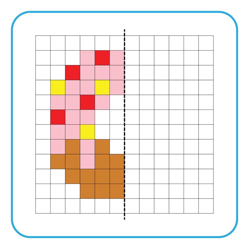 Picture reflection educational game for kids. Learn to complete symmetrical worksheets for preschool activities. Tasks for coloring grid pages, picture mosaics, or pixel art. Finish the donuts. vector
