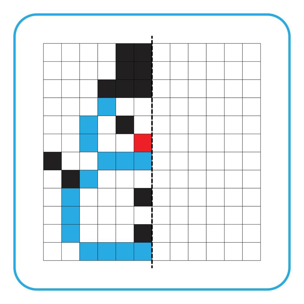 Picture reflection educational game for kids. Learn to complete symmetrical worksheets for preschool activities. Tasks for coloring grid pages, picture mosaics, or pixel art. Finish the snowman. vector