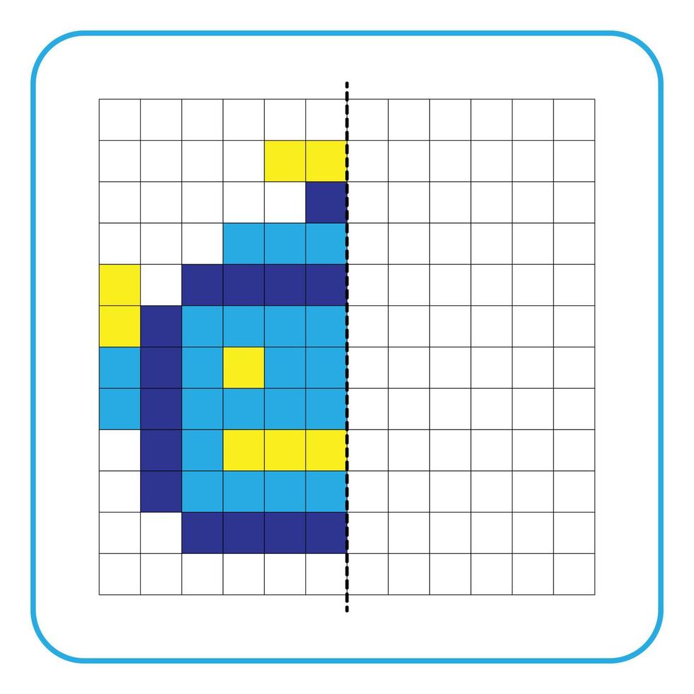 Picture reflection educational game for kids. Learn to complete symmetrical worksheets for preschool activities. Tasks for coloring grid pages, picture mosaics, or pixel art. Finish the robot face. vector