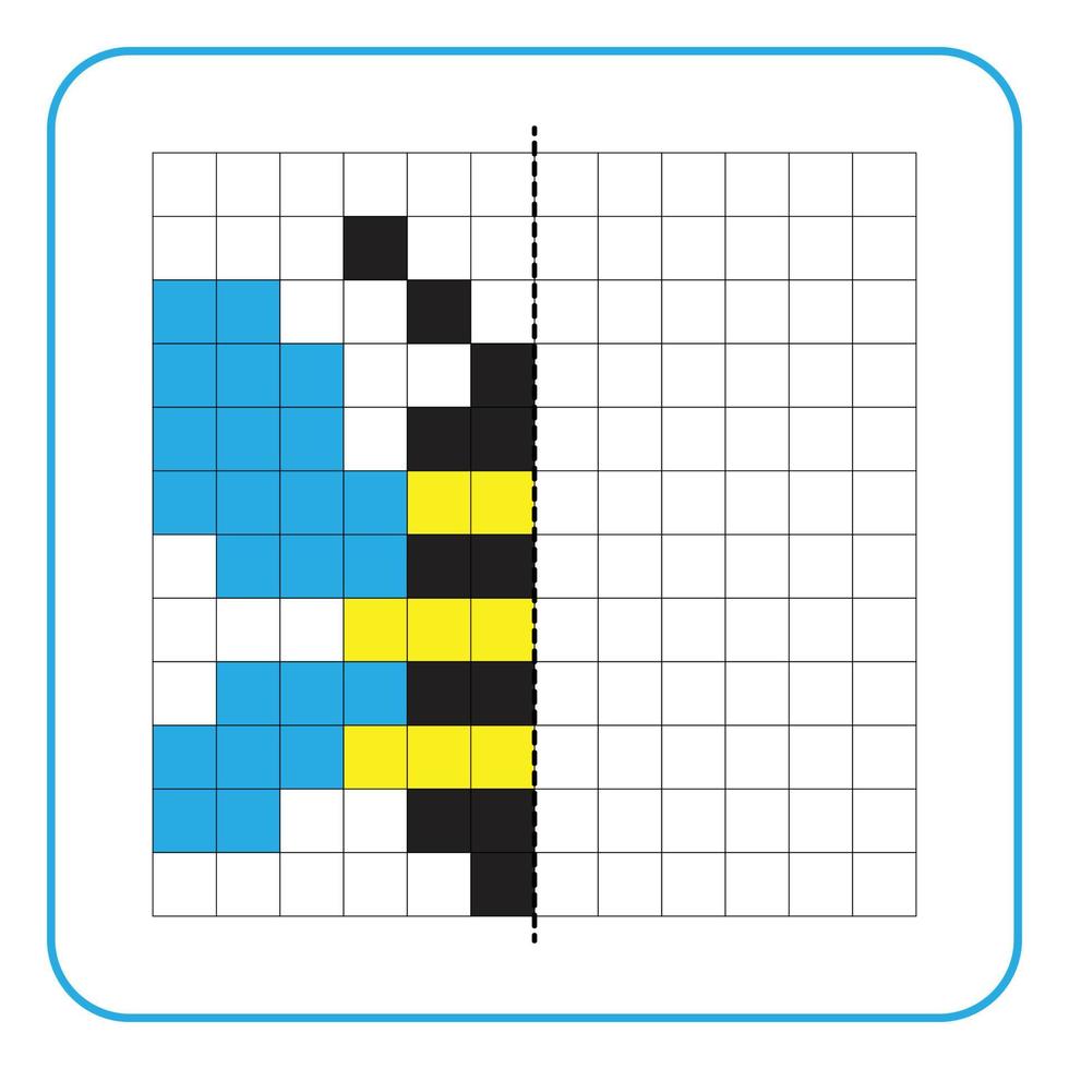 Picture reflection educational game for kids. Learn to complete symmetrical worksheets for preschool activities. Tasks for coloring grid pages, picture mosaics, or pixel art. Finish the honey bee. vector