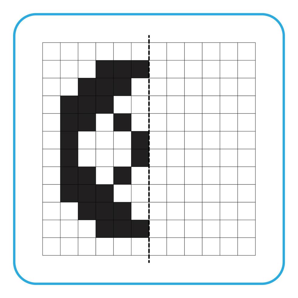 Picture reflection educational game for kids. Learn to complete symmetry worksheets for preschool activities. Tasks for coloring grid pages, picture mosaics, or pixel art. Finish the car tires. vector