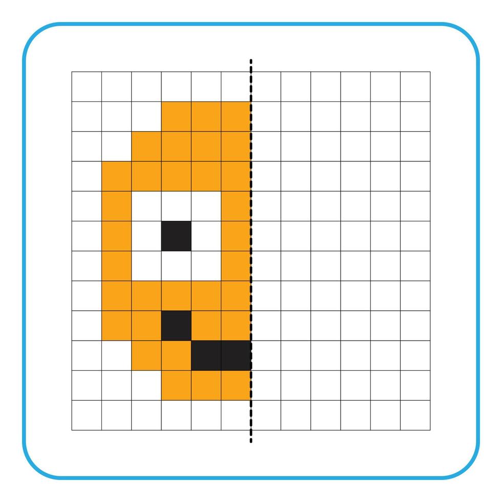 Picture reflection educational game for kids. Learn to complete symmetrical worksheets for preschool activities. Tasks for coloring grid pages, picture mosaics, or pixel art. Finish the smile face. vector