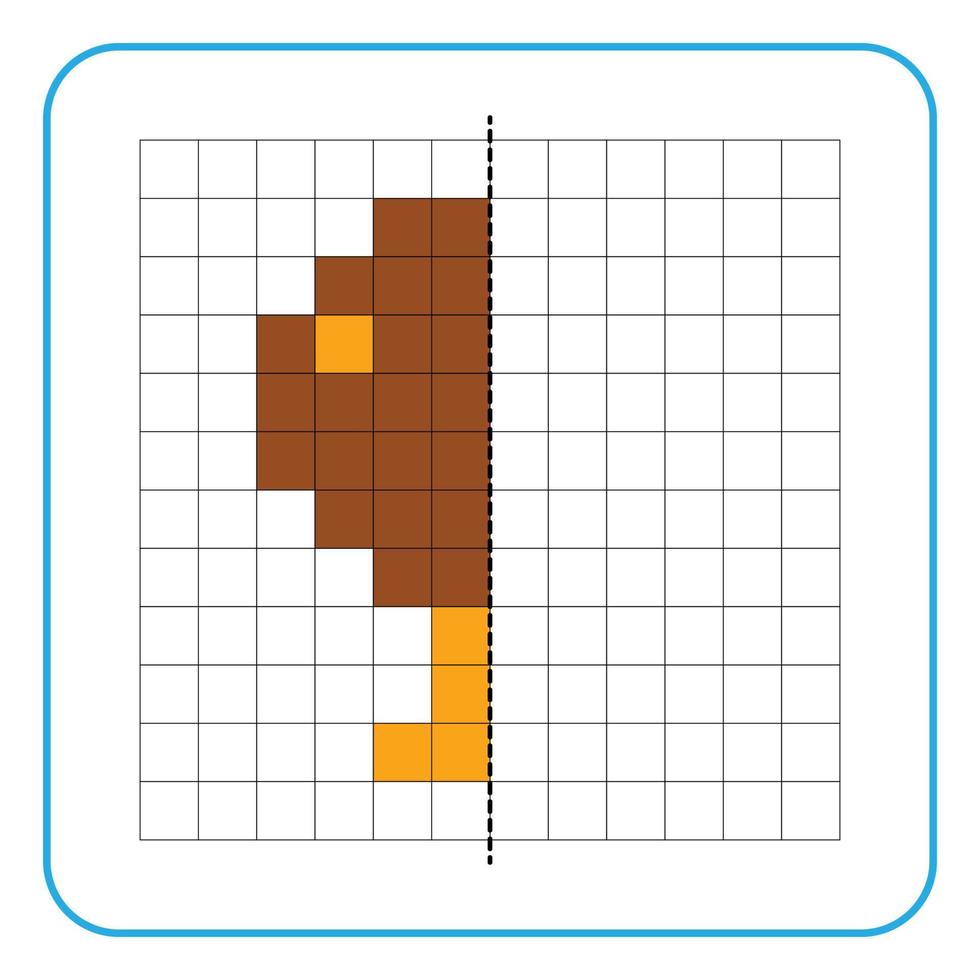 Picture reflection educational game for children. Learn to complete symmetrical worksheets for preschool activities. Coloring grid pages, visual perception and pixel art. Finish the chicken thighs. vector