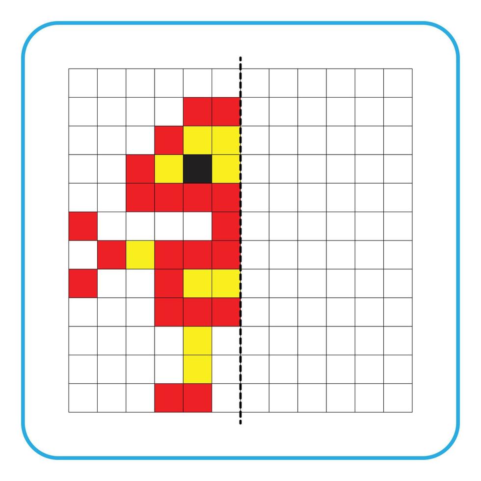 Picture reflection educational game for kids. Learn to complete symmetrical worksheets for preschool activities. Tasks for coloring grid pages, picture mosaics, or pixel art. Finish the robot. vector