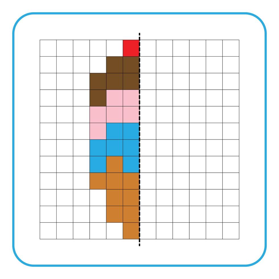 Picture reflection educational game for kids. Learn to complete symmetrical worksheets for preschool activities. Tasks for coloring grid pages, picture mosaics, or pixel art. Finish the ice cream. vector