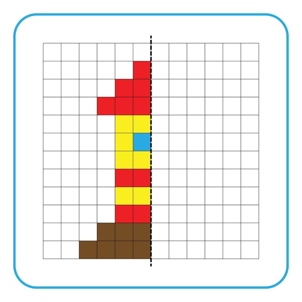 Picture reflection educational game for kids. Learn to complete symmetrical worksheets for preschool activities. Coloring grid pages, picture mosaics, or pixel art. Finish the lighthouse tower. vector